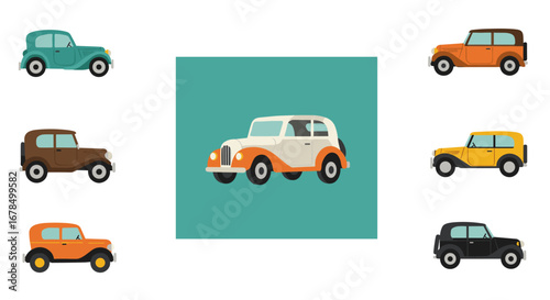 Vintage cars: flat design collection displaying retro classics in various colors