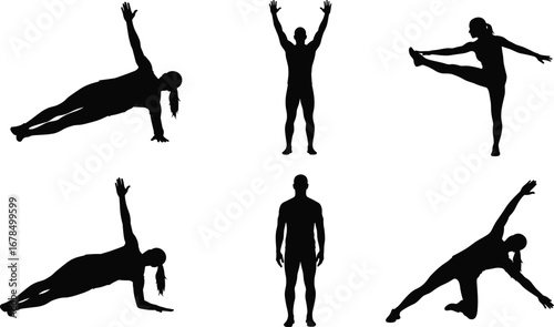 Black silhouette fitness poses including yoga stretches, side planks, standing exercises, and balance positions for health, wellness, and physical training illustration