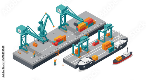 Isometric cargo port with cranes and containers in modern design