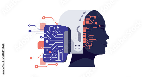 Futuristic ai concept with integrated circuitry and human silhouette