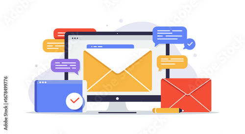 Flat design digital communication with envelopes and messages on computer screen