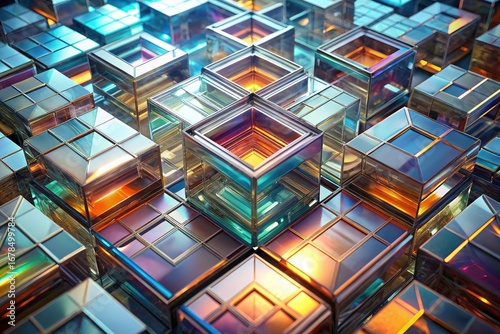 Abstract Glass Squares Background, Modern Geometric Texture, Bokeh Effect, Shiny, Reflective, Colorful, Design