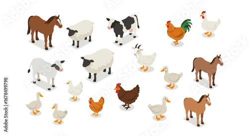 Isometric farm animals set featuring horses, cows, sheep, ducks, chickens, and goats