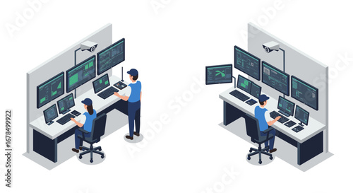 Isometric control room with surveillance monitors and technicians