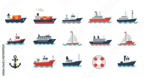 Colorful set of ships and boats in flat design style