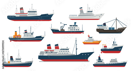 Diverse collection of flat design ships and boats for nautical themes