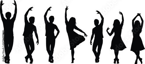 Black silhouette ballet and contemporary dancers in graceful poses, showcasing elegant movement, artistic performance, and expressive dance illustration for creative design