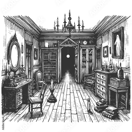 richly decorated Victorian room with chandeliers, clocks, rugs, and antique wooden furniture sketch engraving generative ai vector illustration. Scratch board imitation. Black and white image.