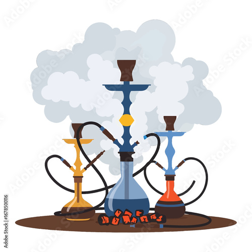 Three Hookah Pipes with Rising Smoke and Hot Coals in Earth Tone Background
