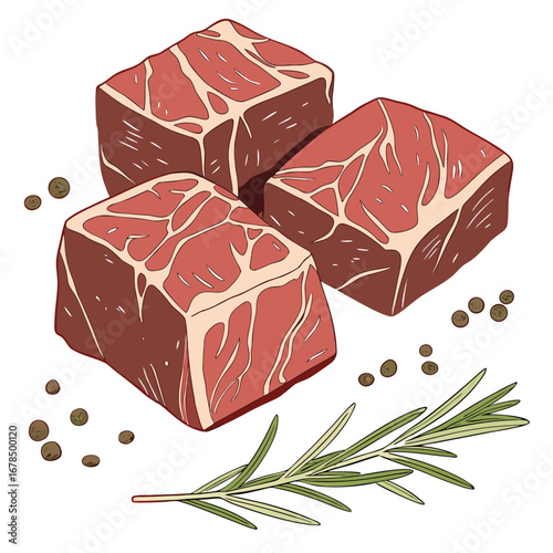 Illustration of raw diced beef cubes, seasoned with a fresh sprig of rosemary and black peppercorns.
