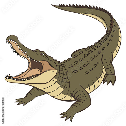 A detailed illustration of a green alligator with its mouth wide open, showing sharp teeth and a long, scaly body.