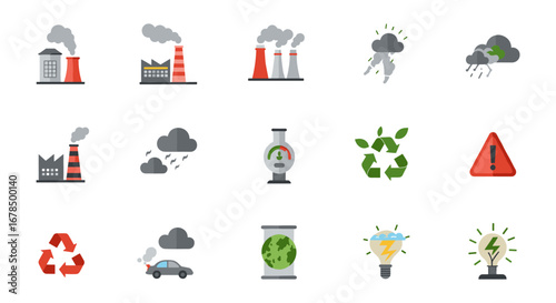 Industrial and environmental icon set highlighting pollution and green energy concepts
