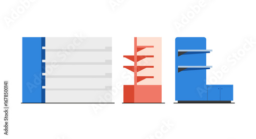 Modern flat design commercial retail shelving units on white background