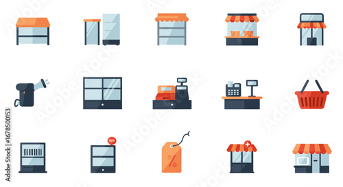 Flat design retail icons set featuring shops, display cases, and point of sale elements