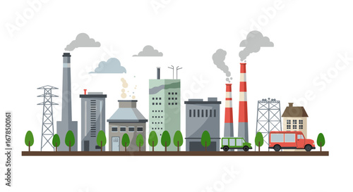 Flat design urban industrial landscape with factories and smokestacks