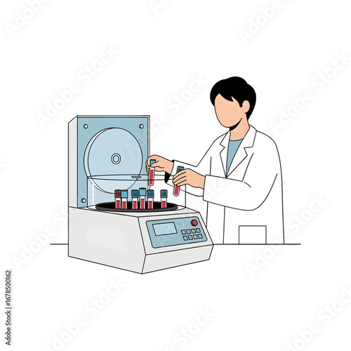Scientist Using Centrifuge in Laboratory with Blood Samples in Vials Wearing White Lab Coat in a Research Setting