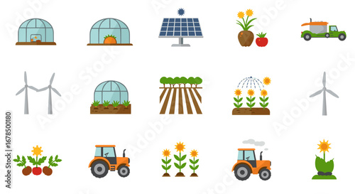 Sustainable farming elements featuring greenhouses, solar panels, and wind turbines in flat style