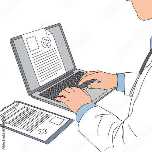 Doctor Typing on Laptop Reviewing Medical Reports Wearing White Coat in Clinic Illustration with Patient Clipboard on Desk