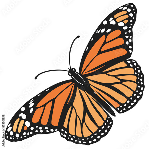 A detailed illustration of a monarch butterfly with orange and black wings.