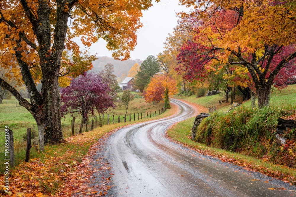 Obraz premium Autumnal country road winds through colorful trees