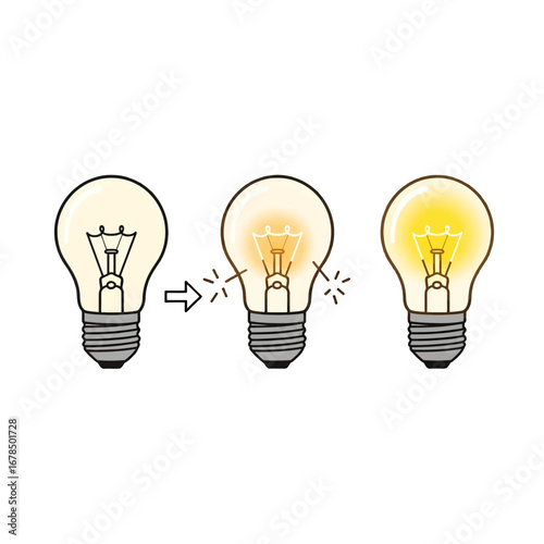 Progression of Light Bulb Illumination in Pixel Art Style Depicting Transition from Dim to Full Brightness on Clean White Background