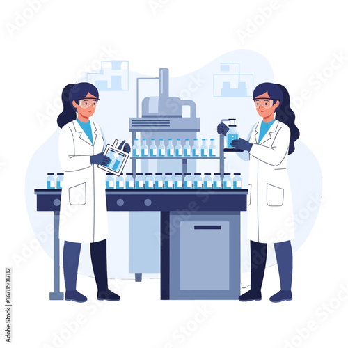 Two Scientists in White Coats Working in a Blue Toned Pharmaceutical Factory with Automated Conveyor Belt System