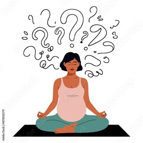 pregnant woman meditating in lotus position with question marks around her illustration 