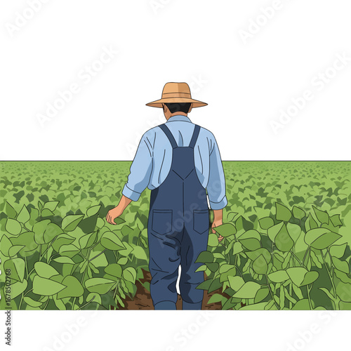 Farmer Walking Through Green Soybean Crop Field with Blue Overalls and Straw Hat Agriculture Landscape Illustration