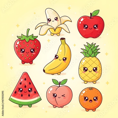 Cartoon illustration of various cute and kawaii-style fruits, including strawberry, banana, apple, and watermelon.