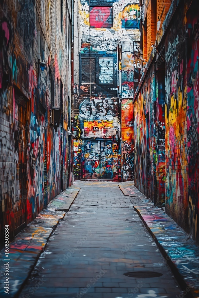 Fototapeta premium Street art alley filled with vibrant graffiti walls, cinematic wide shot