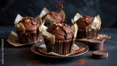 Group of Chocolate Muffins with Cream Cheese Filling in Tulip Liners Cocoa Powder Being Dusted Action Shot on Dark Rustic Table Bakery Scene Moody Light