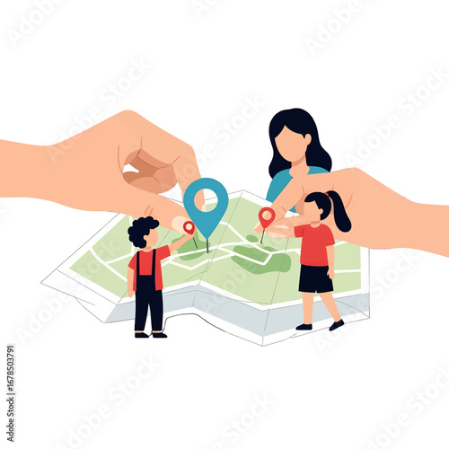 Family Planning Trip With Map and Location Pins with Mother and Children with Cartoonish Style