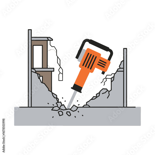 Orange Jackhammer Demolishing Gray Concrete Wall Vector Illustration Isolated on White Background Construction Equipment for Demolition Industry