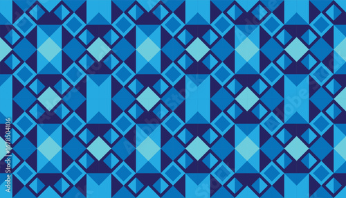 Seamless blue geometric pattern with diamond, square, and triangle shapes creating a modern abstract background