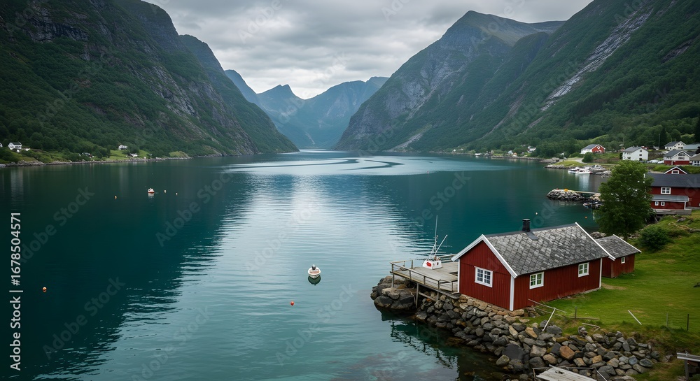 Fototapeta premium Peaceful fjord landscape with red cabin