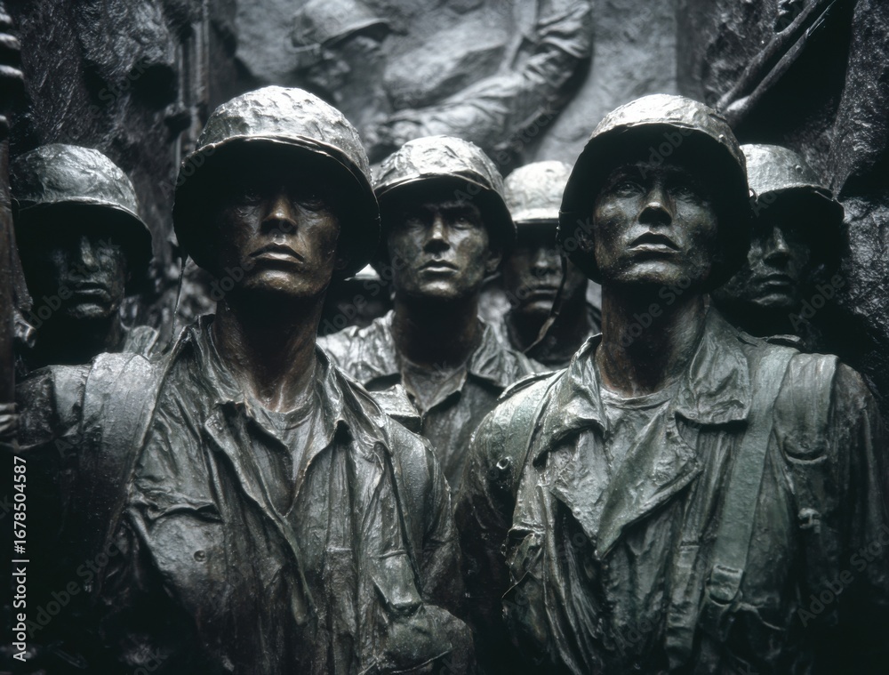 Naklejka premium Weathered Bronze Soldier Sculptures at a War Memorial