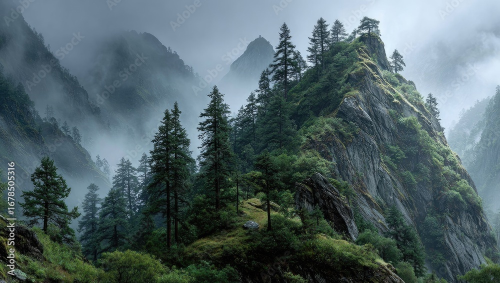 Fototapeta premium Misty mountain peaks, dense forests, and rocky terrain