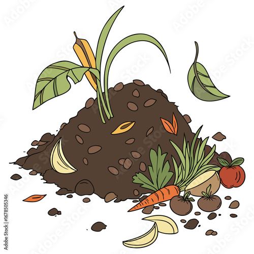 An illustration of a compost pile with various food scraps and a new green plant sprouting from the rich soil.