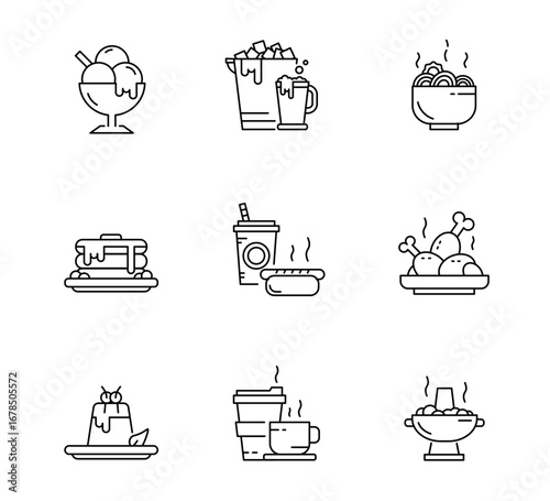 Set of Food and Restaurant icon, Desserts, Fast Food, fried chicken Symbol Outline icon Editable Stroke