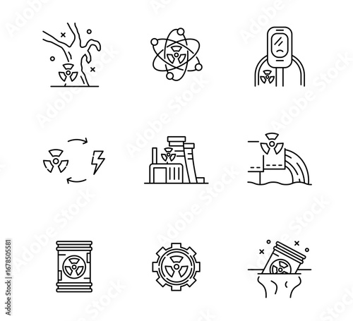 Set of Nuclear impacts and pollution icon, Nuclear Energy Symbol Outline icon Editable Stroke