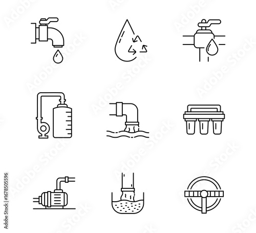 Set of Water Treatment icon, Water infrastructure, plumbing Symbol Outline icon Editable Stroke