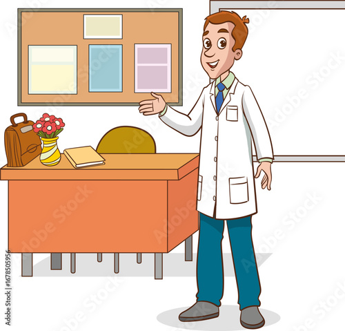 The young teacher is making a statement in front of the class.University or college teacher giving lecture in classroom