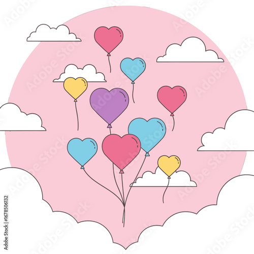 Pastel Hearts Balloons Floating Among White Clouds with Soft Pink Background Illustration