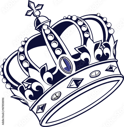 Stylized blue and white royal crown adorned with jewels and a cross, representing monarchy and power.