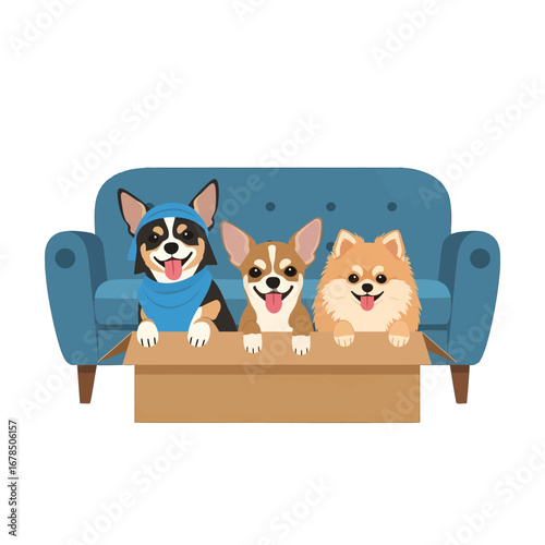 Illustrative Trio of Happy Dogs in Cardboard Box on Blue Couch Wearing Fashionable Clothing Indoors with White Background