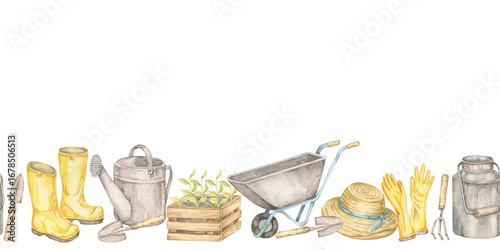 Yellow boots, watering cans, crates, gloves, straw hats, and wheelbarrows in seamless border watercolor clipart. Ideal for product packaging, greeting cards, and eco-friendly branding