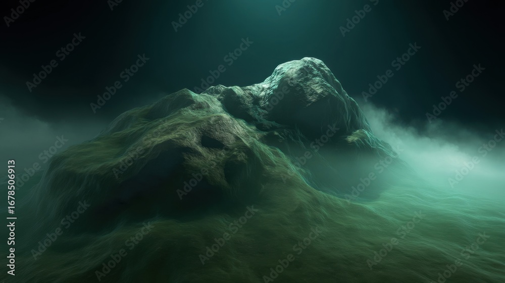 Fototapeta premium A serene underwater scene featuring a large marine rock with green algae textures,
