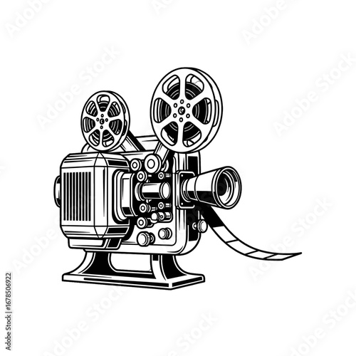 Classic Black and White Film Projector with Film Reel Isolated on White Background Represents Cinema History and Retro Entertainment
