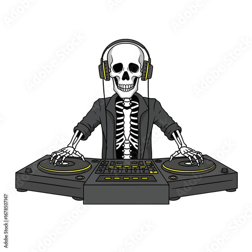 Pixelated Skeleton Dj with Yellow Headphones Mixing Music on Turntable in Black Jacket Isolated on White Background Digital Art
