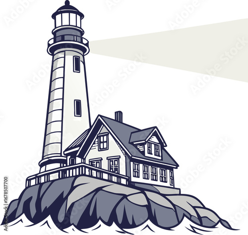 A classic lighthouse with an attached keeper's house stands tall on a rocky island surrounded by waves.